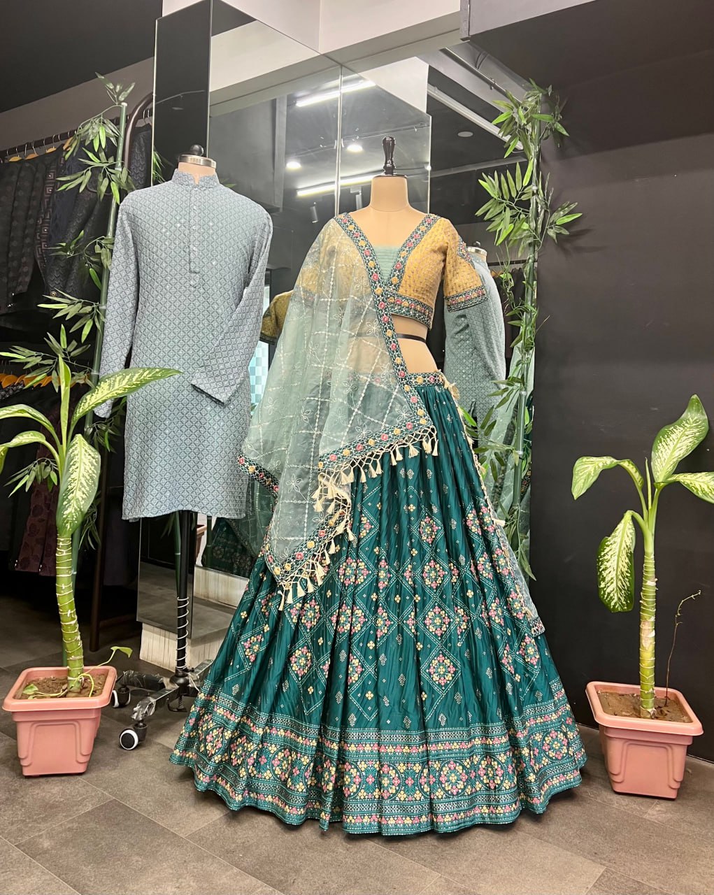 Aqua Rama Green Heavy Chinon Heavy Foil Print Embroidery Work Belt Lehenga Choli Fully Stitched