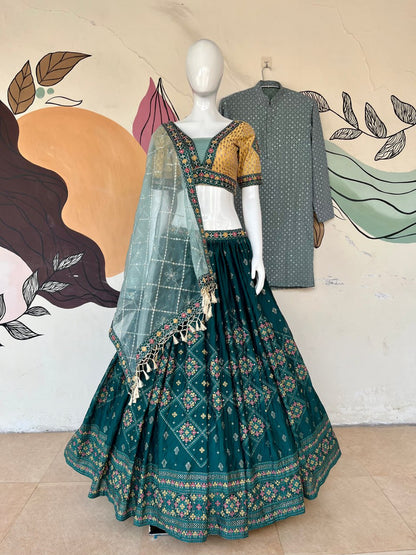 Aqua Rama Green Heavy Chinon Heavy Foil Print Embroidery Work Belt Lehenga Choli Fully Stitched