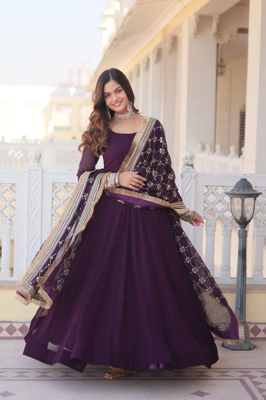Wine Faux Blooming Gown With Dupatta With Attractive Embroidered Sequins Work With Lace Border