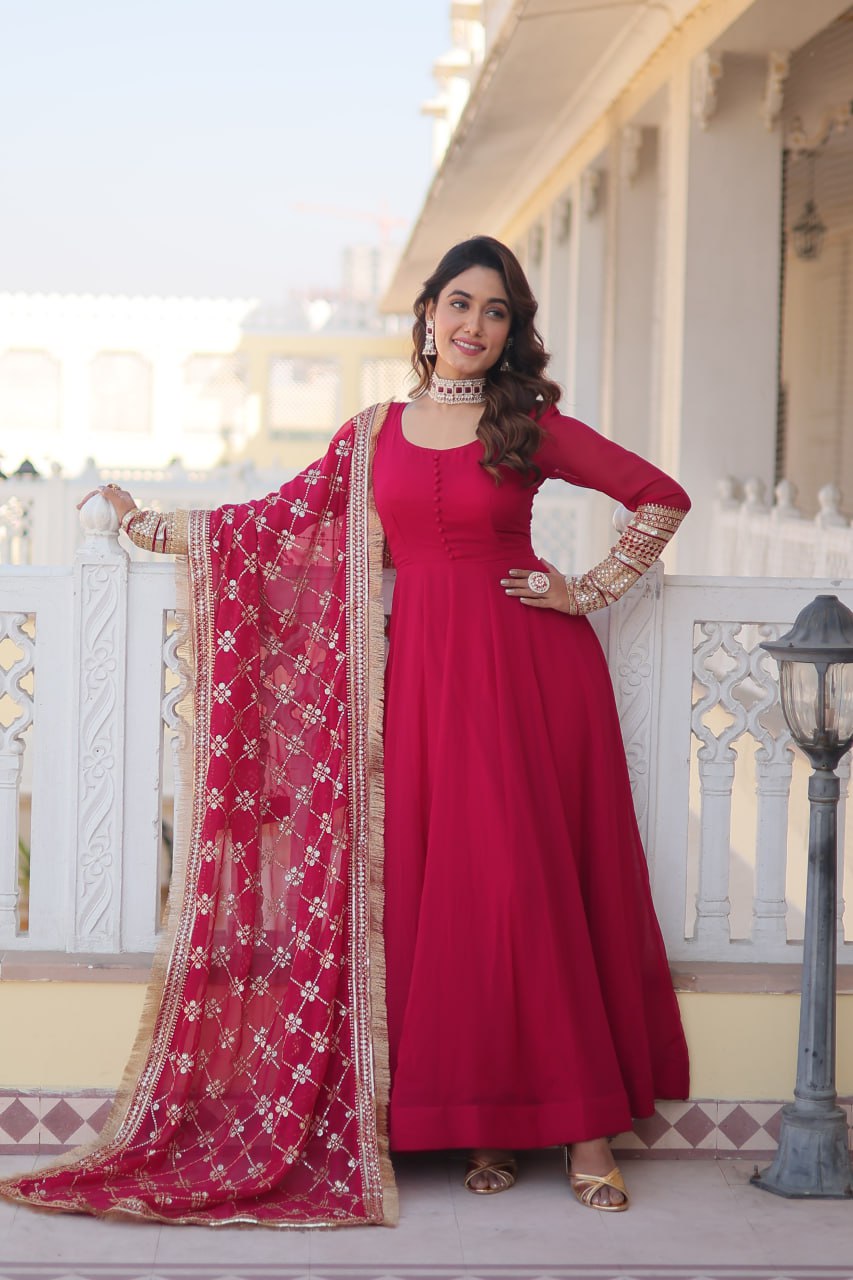 Pink Faux Blooming Gown With Dupatta With Attractive Embroidered Sequins Work With Lace Border