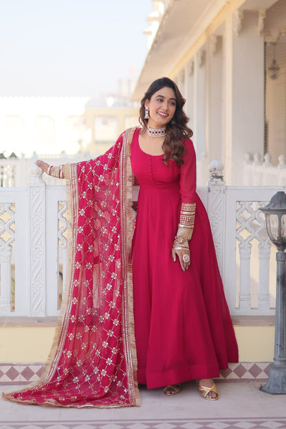 Pink Faux Blooming Gown With Dupatta With Attractive Embroidered Sequins Work With Lace Border