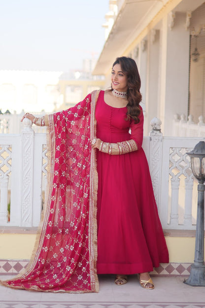 Pink Faux Blooming Gown With Dupatta With Attractive Embroidered Sequins Work With Lace Border