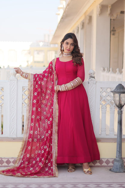 Pink Faux Blooming Gown With Dupatta With Attractive Embroidered Sequins Work With Lace Border