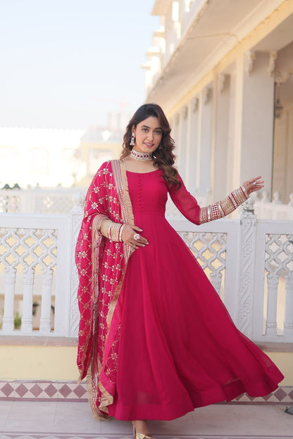 Pink Faux Blooming Gown With Dupatta With Attractive Embroidered Sequins Work With Lace Border