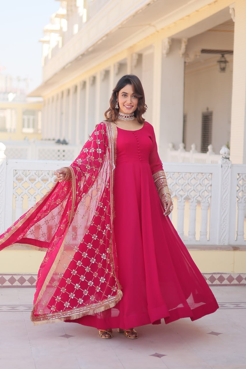 Pink Faux Blooming Gown With Dupatta With Attractive Embroidered Sequins Work With Lace Border