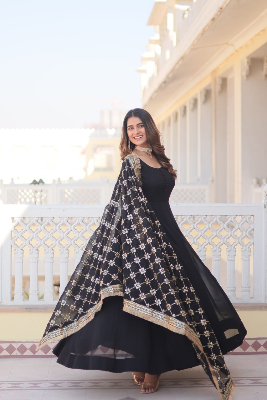 Black Faux Blooming Gown With Dupatta With Attractive Embroidered Sequins Work With Lace Border