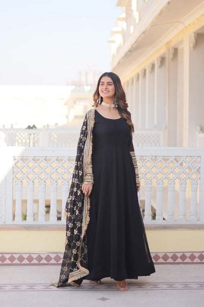 Black Faux Blooming Gown With Dupatta With Attractive Embroidered Sequins Work With Lace Border