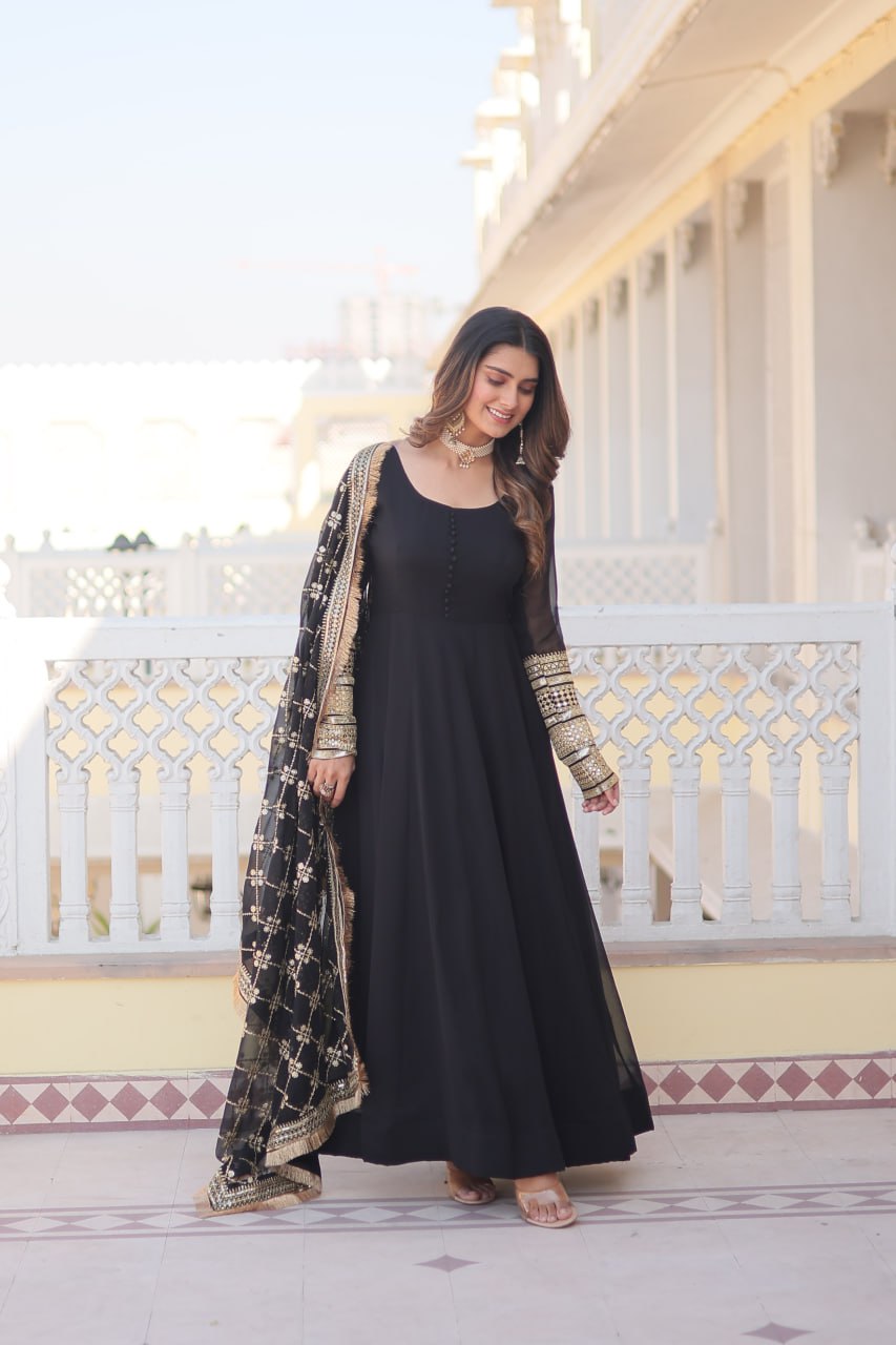 Black Faux Blooming Gown With Dupatta With Attractive Embroidered Sequins Work With Lace Border