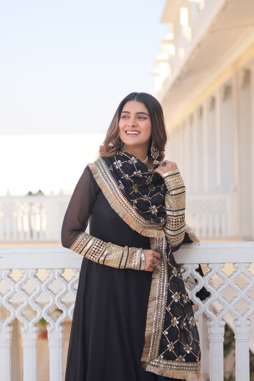 Black Faux Blooming Gown With Dupatta With Attractive Embroidered Sequins Work With Lace Border