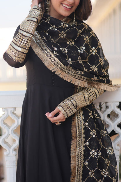 Black Faux Blooming Gown With Dupatta With Attractive Embroidered Sequins Work With Lace Border