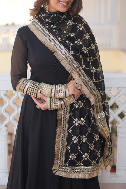 Black Faux Blooming Gown With Dupatta With Attractive Embroidered Sequins Work With Lace Border