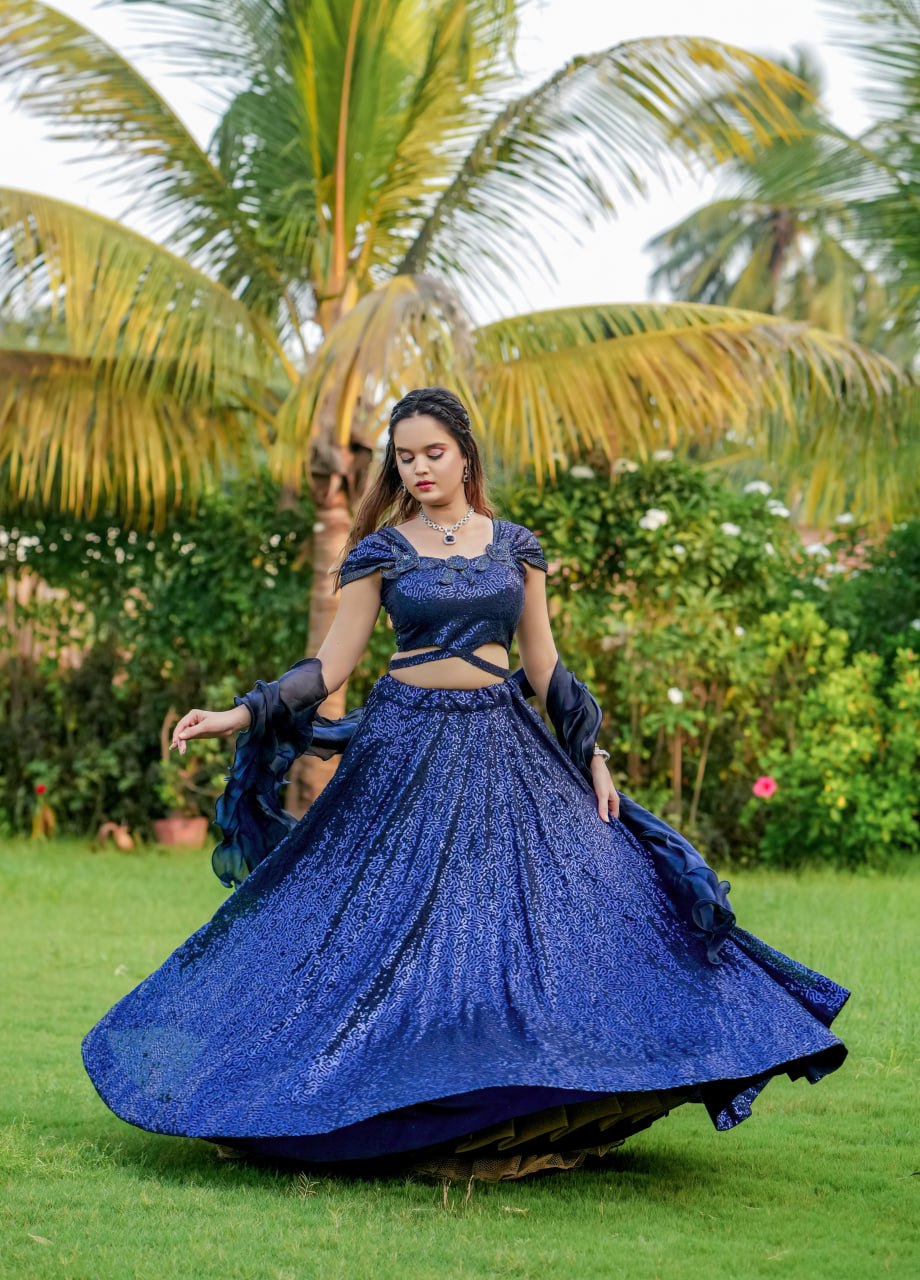 Dark Navy Blue Heavy Georgette Cinderella Sequence Lahenga Fully Stitched