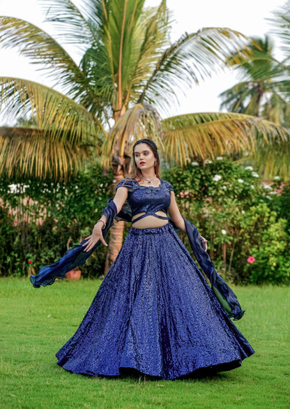 Dark Navy Blue Heavy Georgette Cinderella Sequence Lahenga Fully Stitched