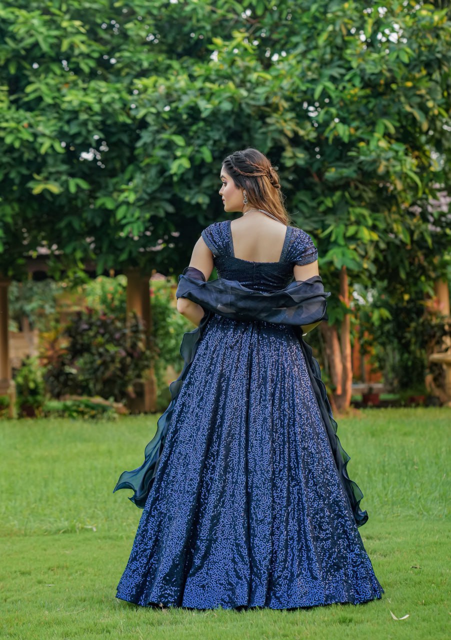 Dark Navy Blue Heavy Georgette Cinderella Sequence Lahenga Fully Stitched