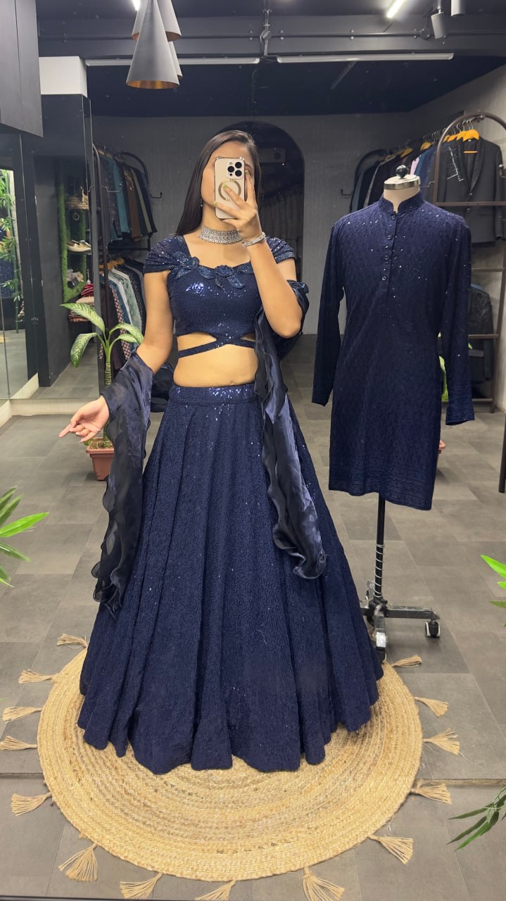 Dark Navy Blue Heavy Georgette Cinderella Sequence Lahenga Fully Stitched