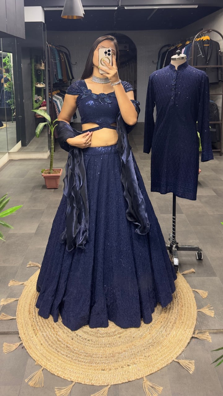 Dark Navy Blue Heavy Georgette Cinderella Sequence Lahenga Fully Stitched