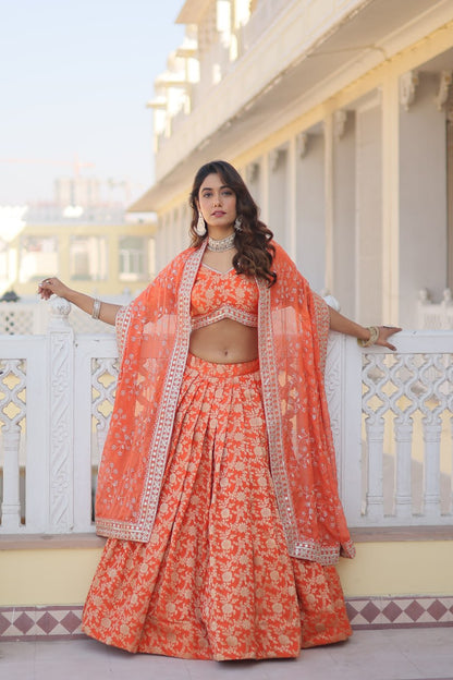 Orange Colour Designer Dyeable Pure Viscose Jacquard Fabric Lehenga Choli With Dupatta Set