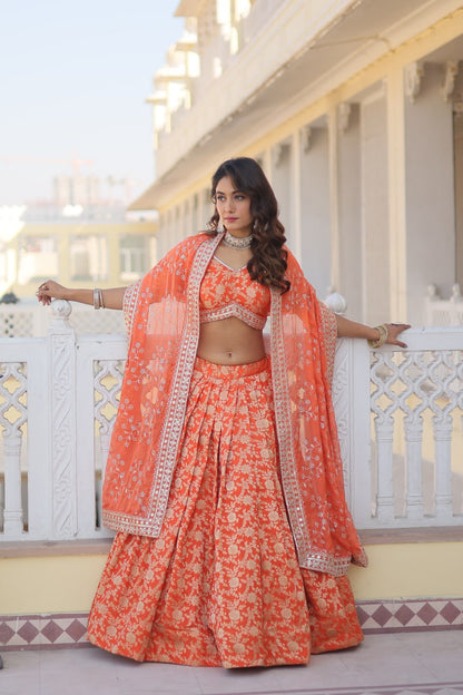 Orange Colour Designer Dyeable Pure Viscose Jacquard Fabric Lehenga Choli With Dupatta Set