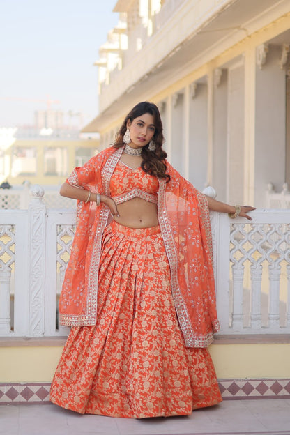 Orange Colour Designer Dyeable Pure Viscose Jacquard Fabric Lehenga Choli With Dupatta Set