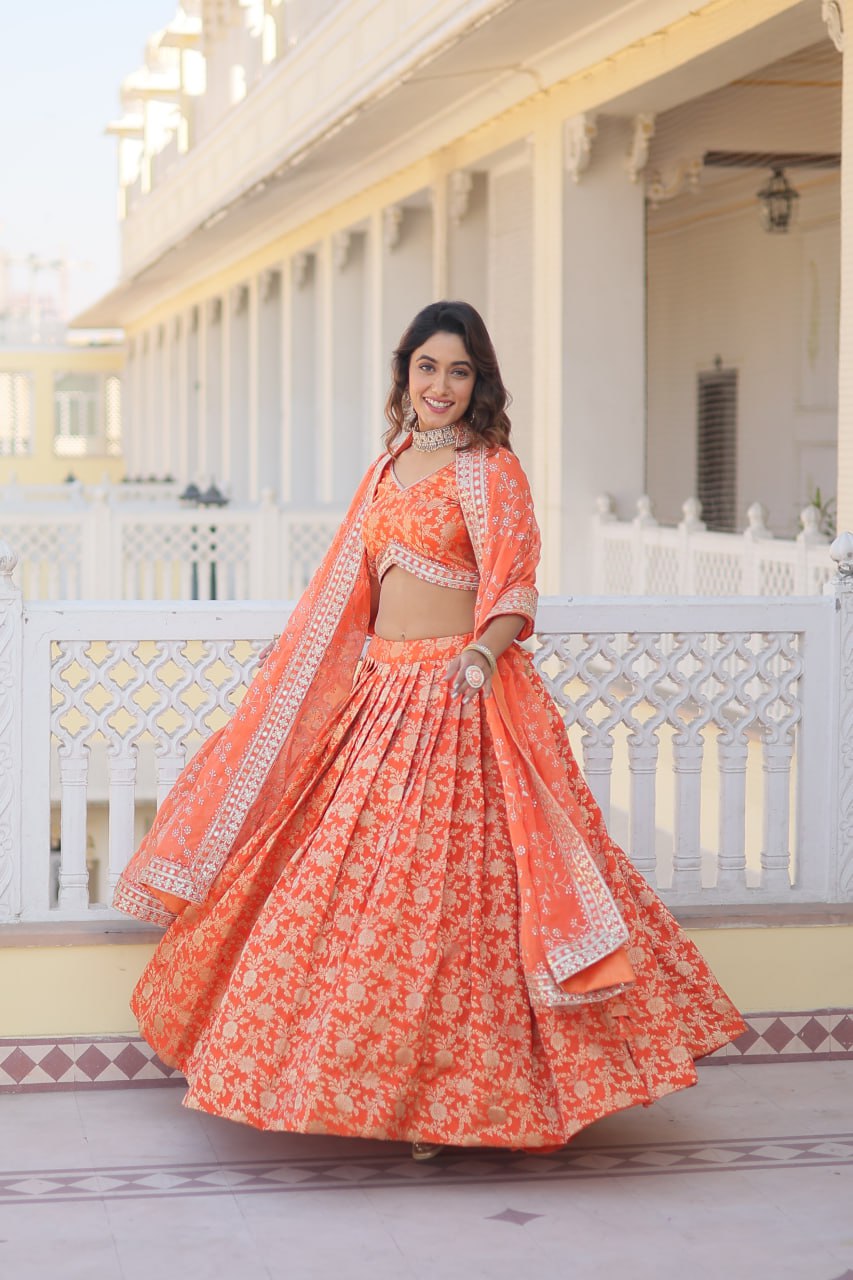 Orange Colour Designer Dyeable Pure Viscose Jacquard Fabric Lehenga Choli With Dupatta Set