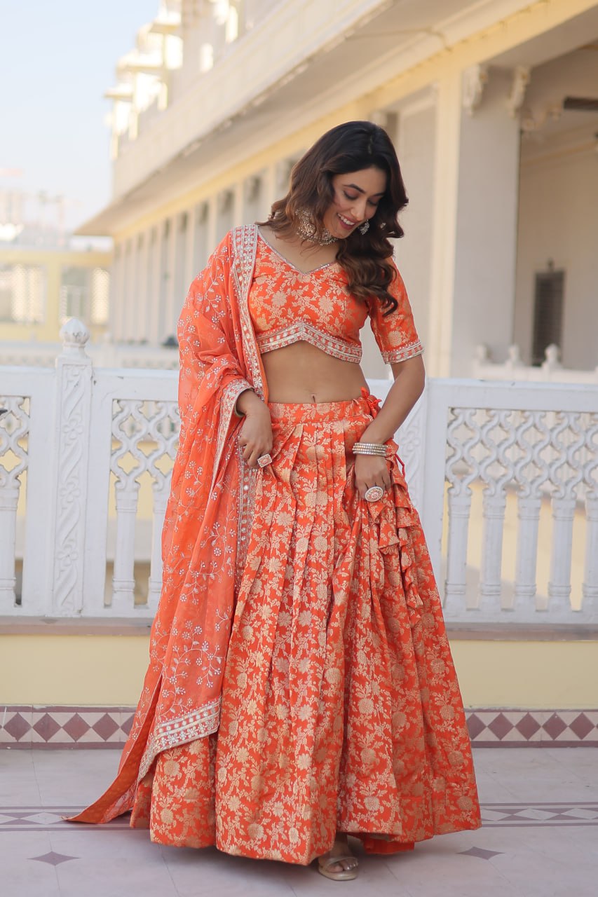 Orange Colour Designer Dyeable Pure Viscose Jacquard Fabric Lehenga Choli With Dupatta Set