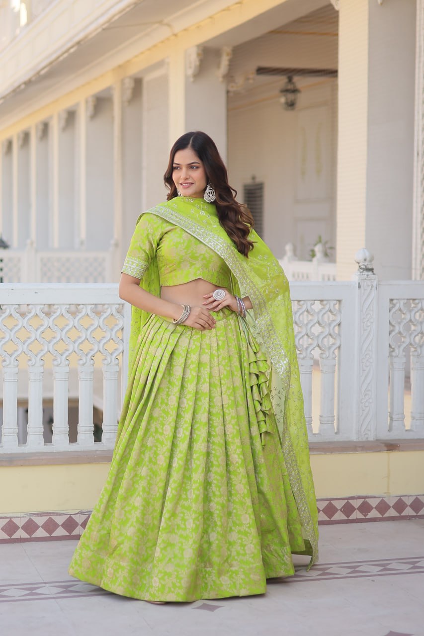 Green Colour Designer Dyeable Pure Viscose Jacquard Fabric Lehenga Choli With Dupatta Set