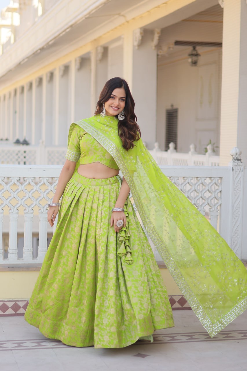 Green Colour Designer Dyeable Pure Viscose Jacquard Fabric Lehenga Choli With Dupatta Set