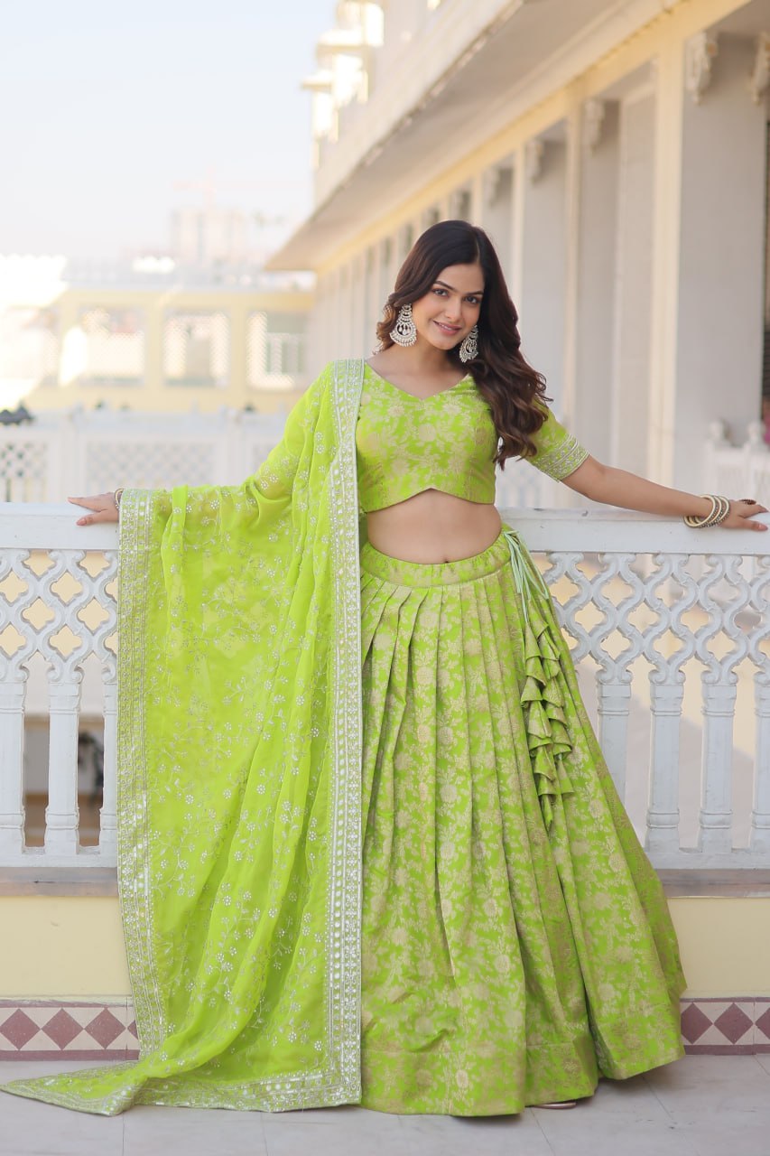 Green Colour Designer Dyeable Pure Viscose Jacquard Fabric Lehenga Choli With Dupatta Set