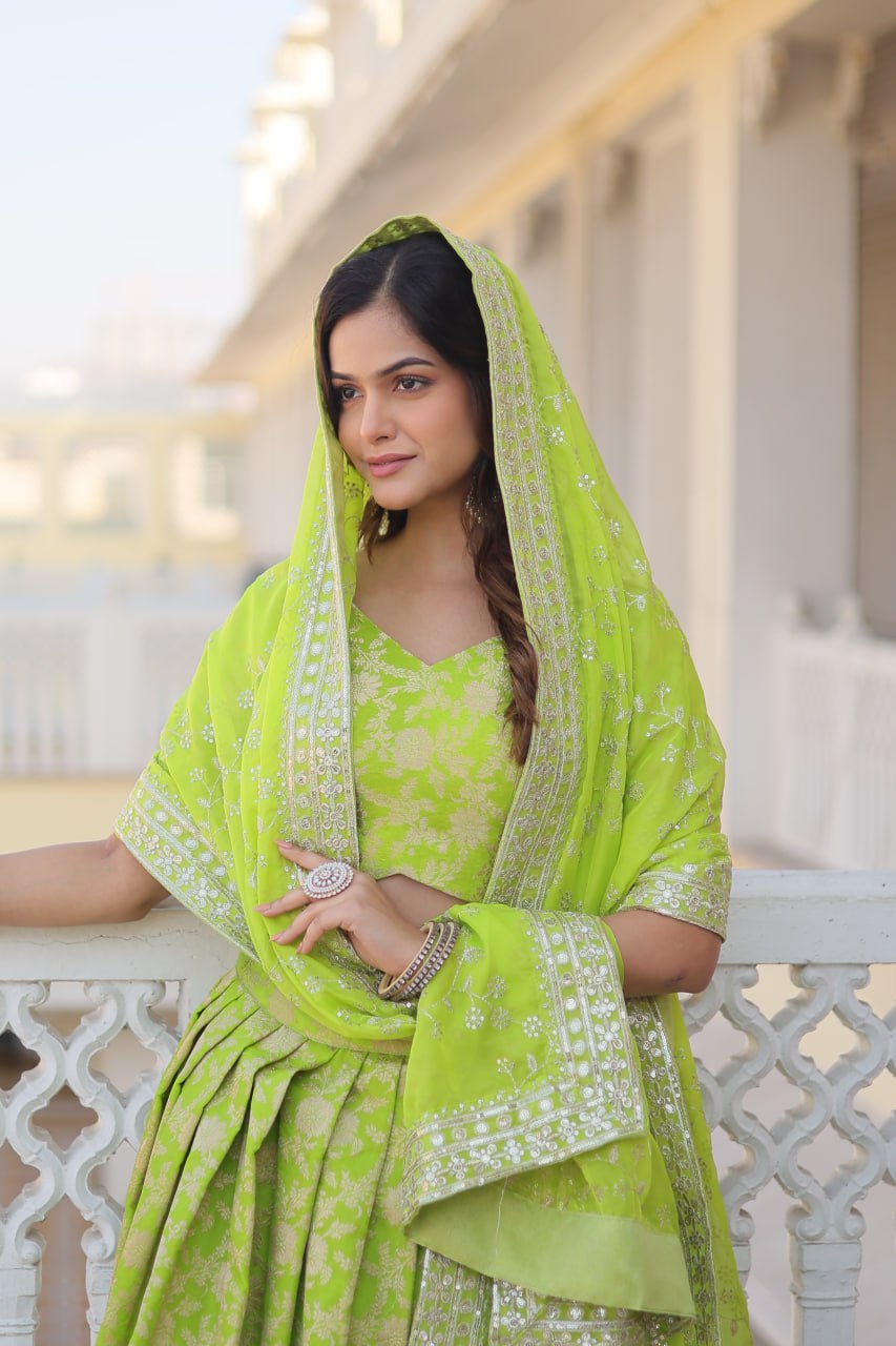 Green Colour Designer Dyeable Pure Viscose Jacquard Fabric Lehenga Choli With Dupatta Set