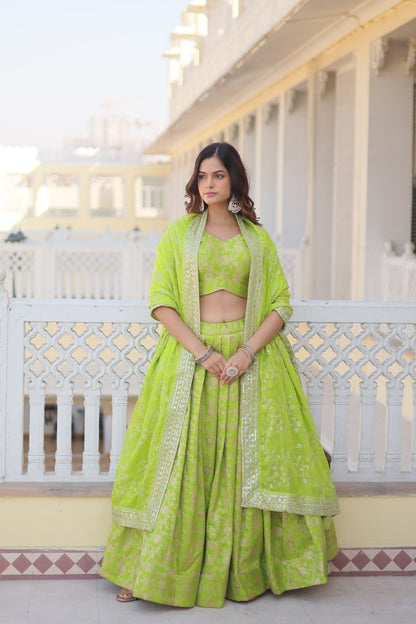 Green Colour Designer Dyeable Pure Viscose Jacquard Fabric Lehenga Choli With Dupatta Set