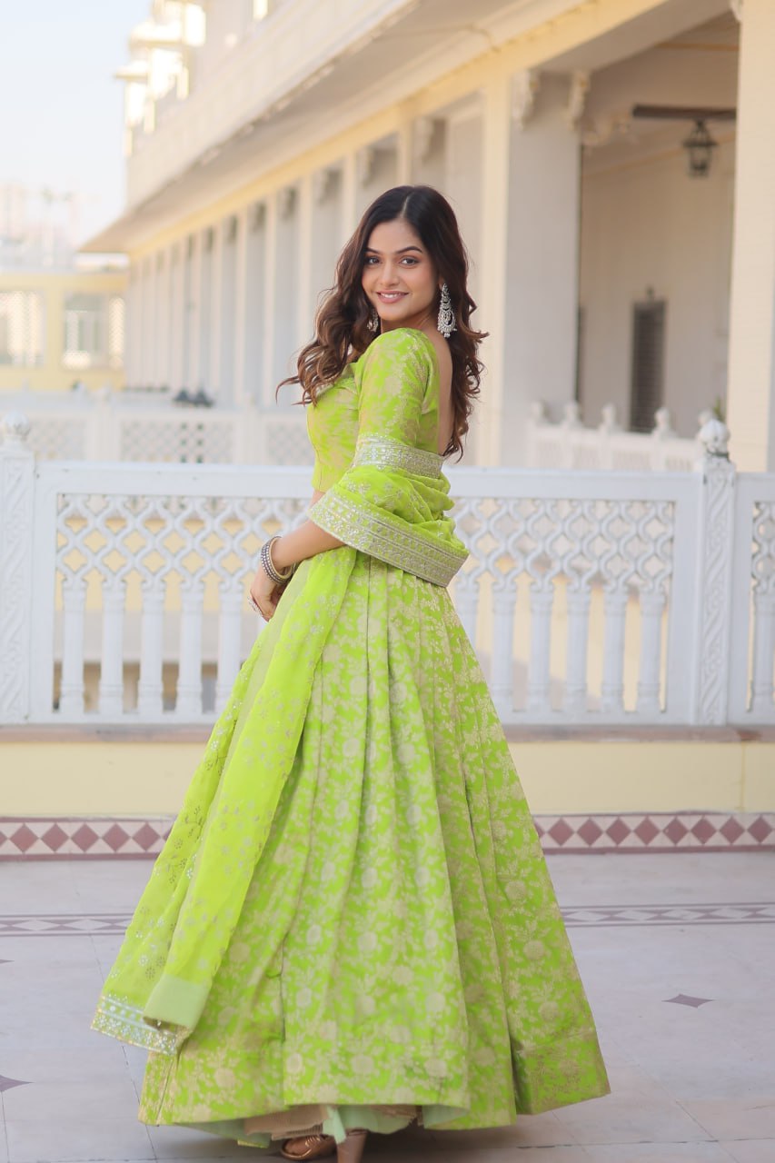 Green Colour Designer Dyeable Pure Viscose Jacquard Fabric Lehenga Choli With Dupatta Set