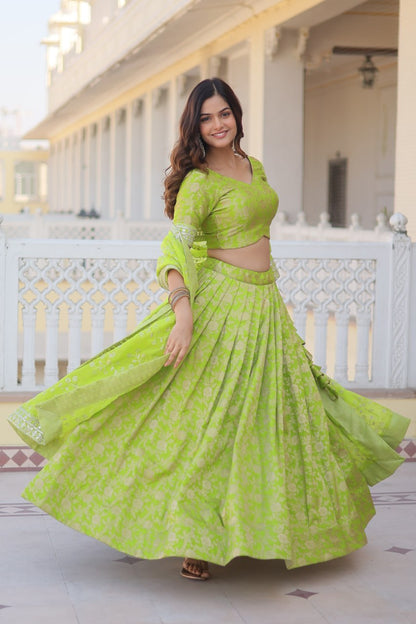 Green Colour Designer Dyeable Pure Viscose Jacquard Fabric Lehenga Choli With Dupatta Set