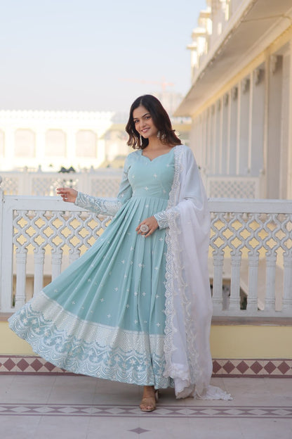 Powder Blue Cyan Luxe Thread & Sequins Embroidered Designer Gown with Russian Silk Dupatta