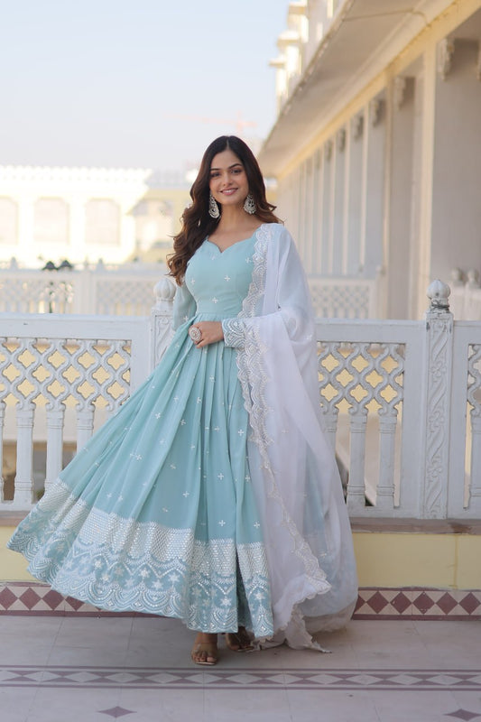 Powder Blue Cyan Luxe Thread & Sequins Embroidered Designer Gown with Russian Silk Dupatta