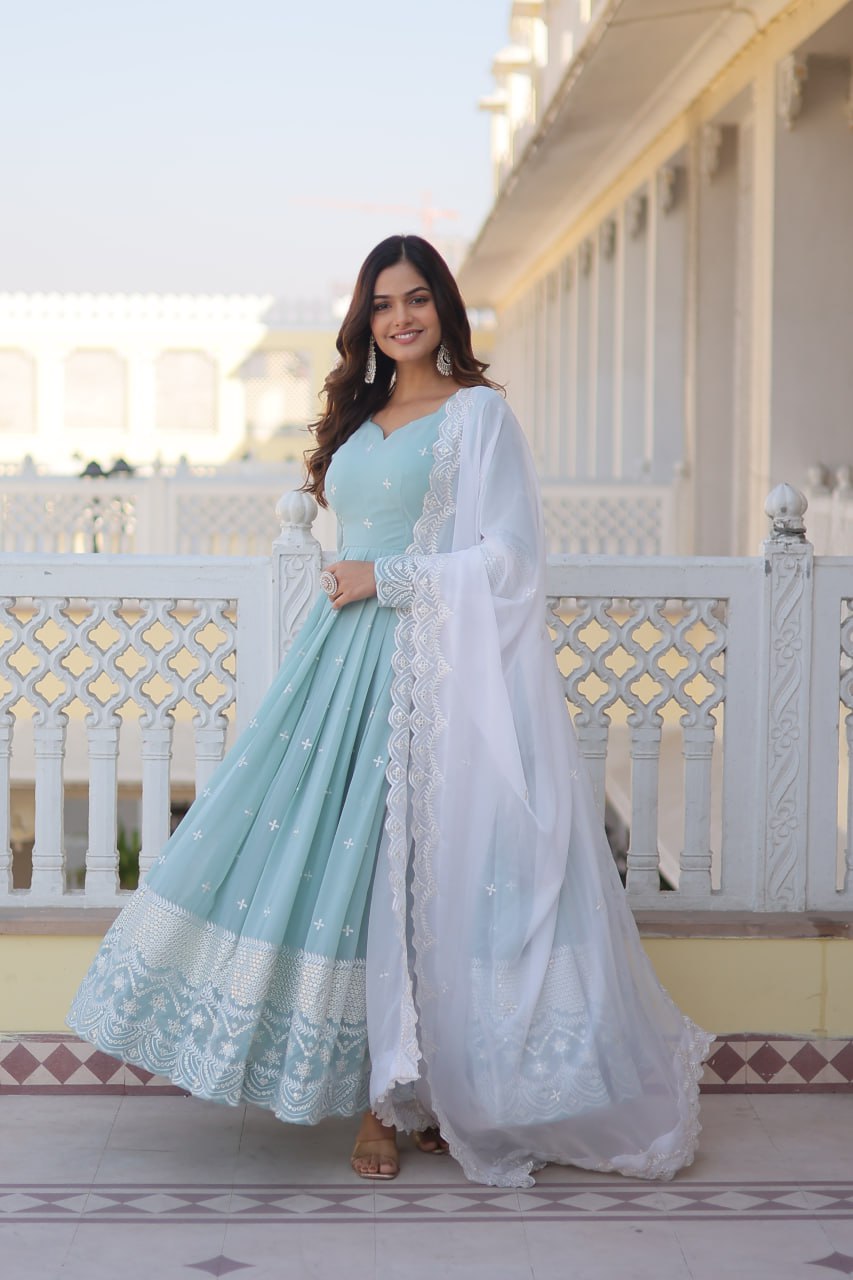 Powder Blue Cyan Luxe Thread & Sequins Embroidered Designer Gown with Russian Silk Dupatta