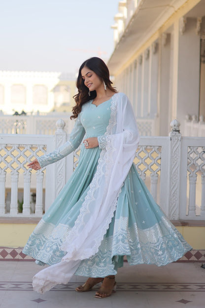 Powder Blue Cyan Luxe Thread & Sequins Embroidered Designer Gown with Russian Silk Dupatta