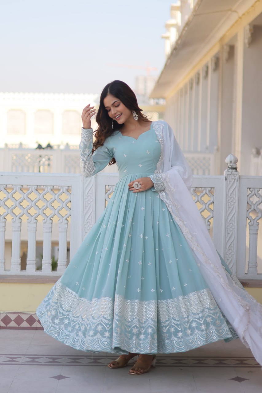 Powder Blue Cyan Luxe Thread & Sequins Embroidered Designer Gown with Russian Silk Dupatta