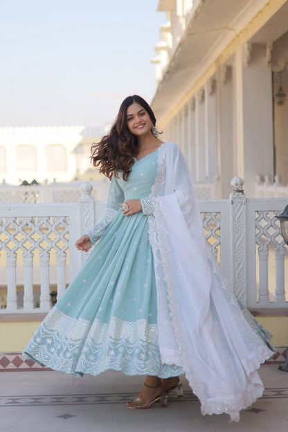 Powder Blue Cyan Luxe Thread & Sequins Embroidered Designer Gown with Russian Silk Dupatta