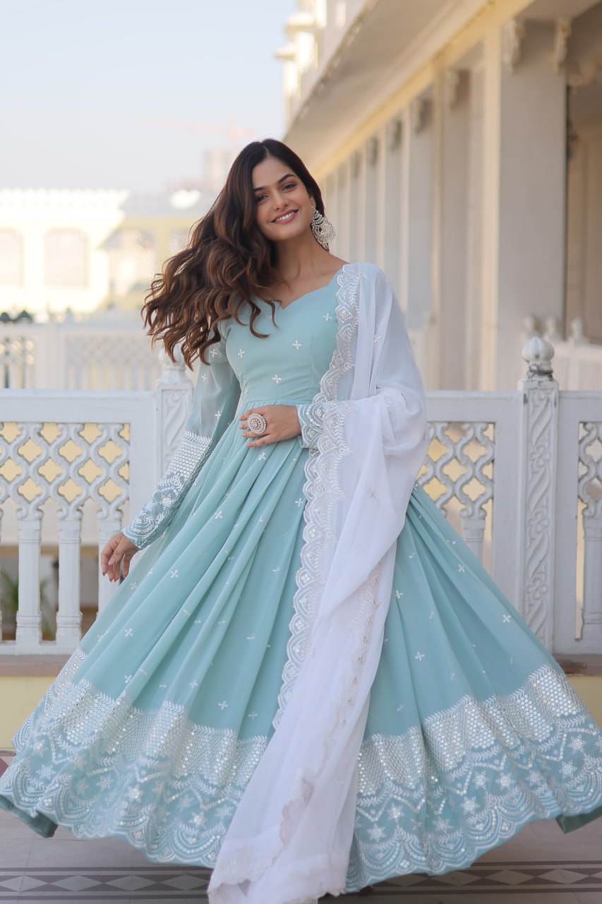 Powder Blue Cyan Luxe Thread & Sequins Embroidered Designer Gown with Russian Silk Dupatta