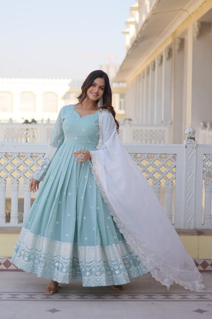 Powder Blue Cyan Luxe Thread & Sequins Embroidered Designer Gown with Russian Silk Dupatta