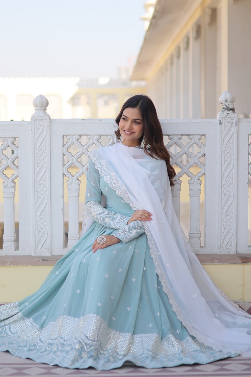 Powder Blue Cyan Luxe Thread & Sequins Embroidered Designer Gown with Russian Silk Dupatta