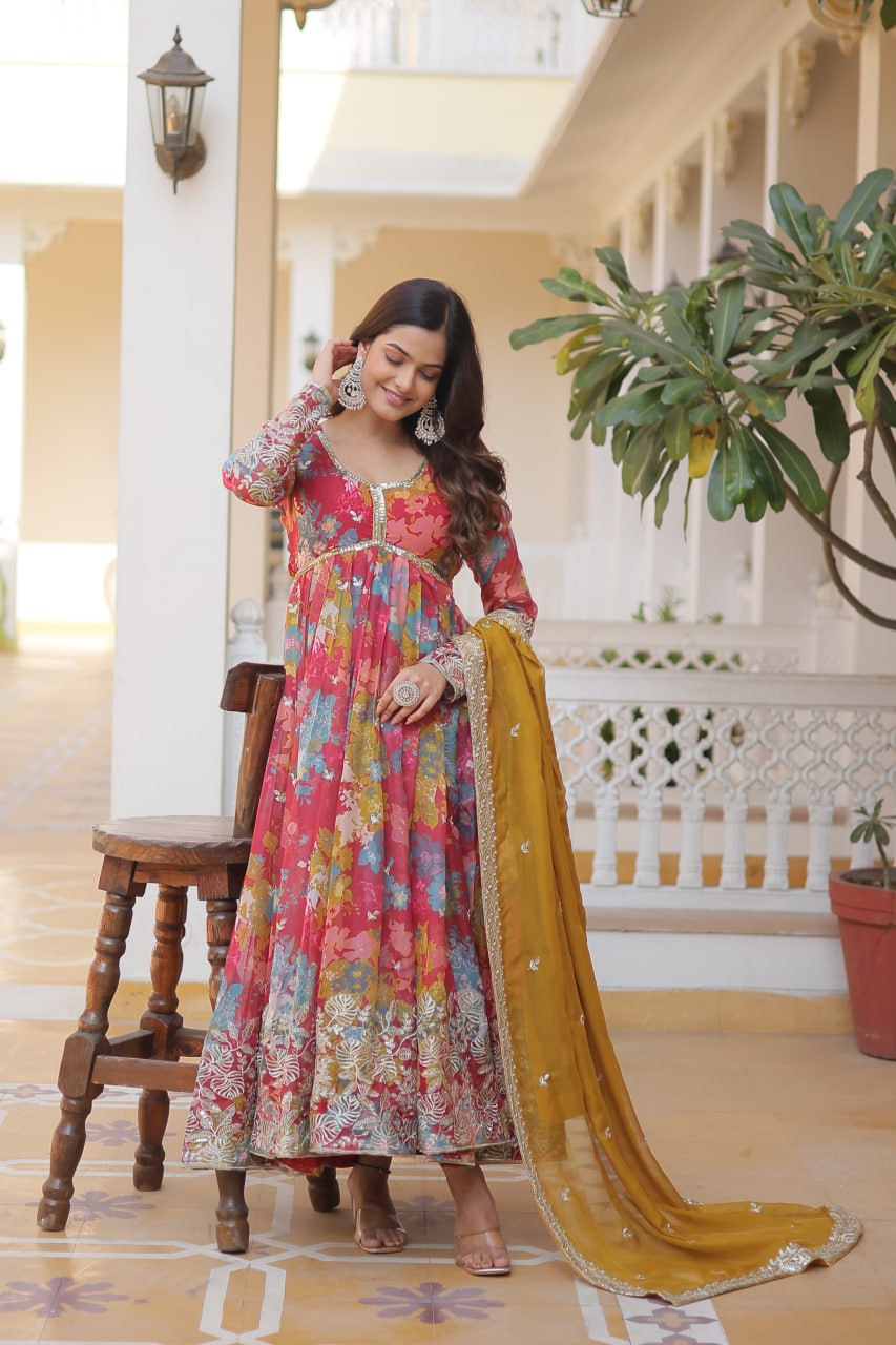 Pink Colour Digital Printed Russian Silk With Embroidery Zari Sequins Work Gown With Dupatta