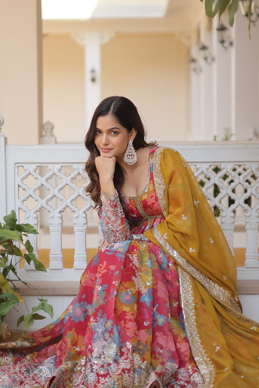 Pink Colour Digital Printed Russian Silk With Embroidery Zari Sequins Work Gown With Dupatta