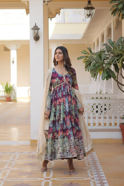 Purple  Colour Digital Printed Russian Silk With Embroidery Zari Sequins Work Gown With Dupatta