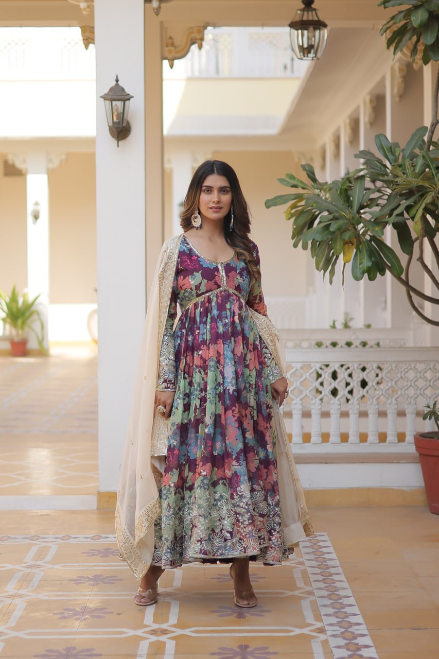 Purple  Colour Digital Printed Russian Silk With Embroidery Zari Sequins Work Gown With Dupatta