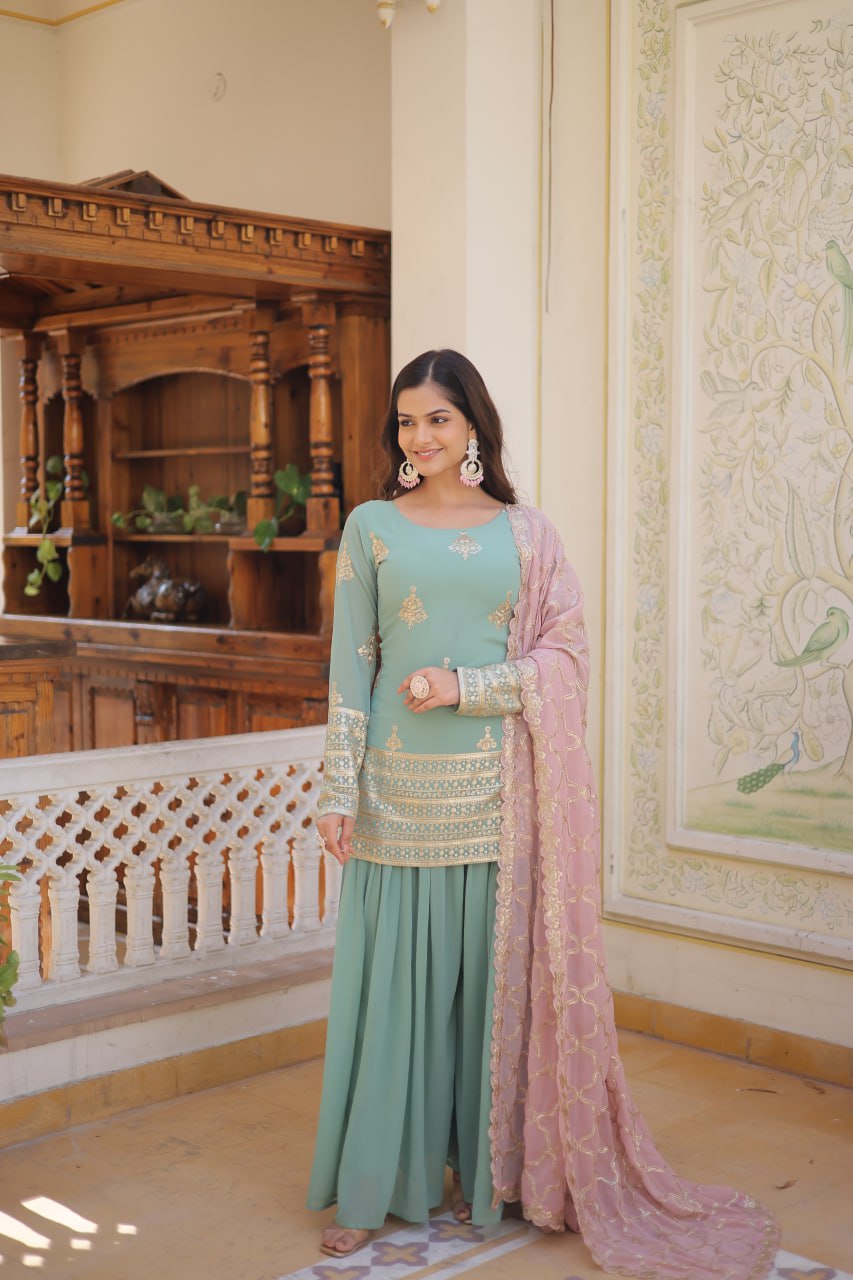 Light Green Colour Faux Georgette With Sequins Thread Embroidered Work Plazzo With Dupatta