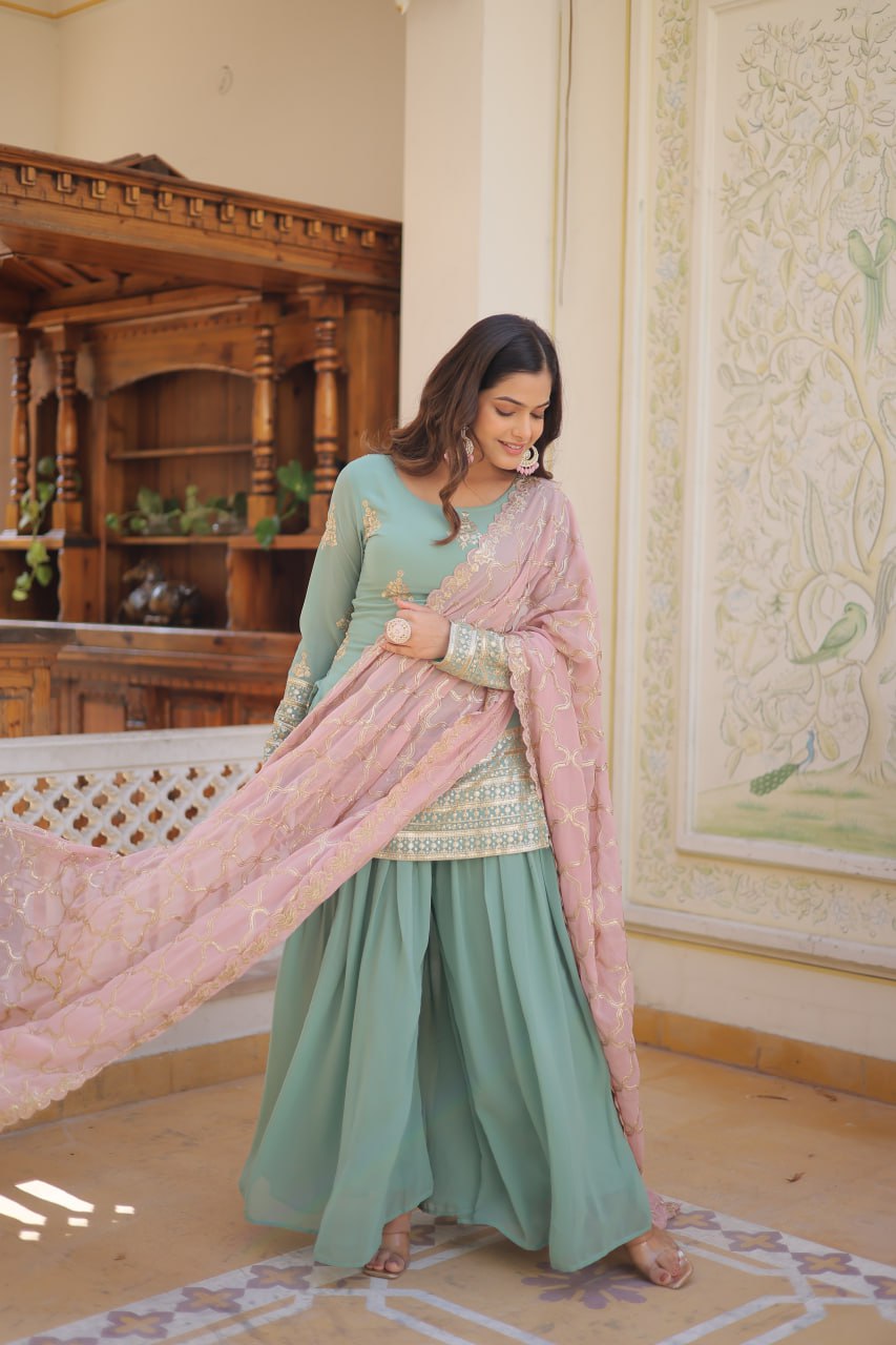 Light Green Colour Faux Georgette With Sequins Thread Embroidered Work Plazzo With Dupatta