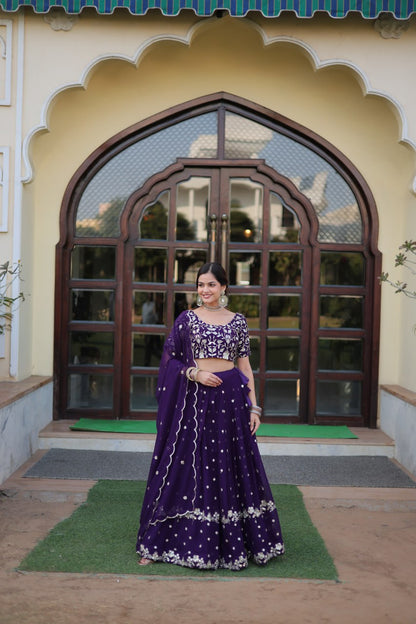 Purple Colour Designer Faux Blooming Lehenga Choli With Dupatta Set