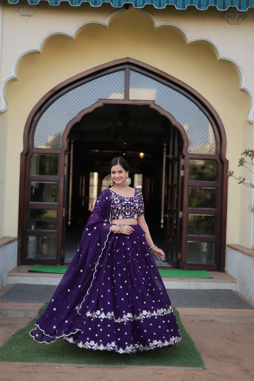 Purple Colour Designer Faux Blooming Lehenga Choli With Dupatta Set