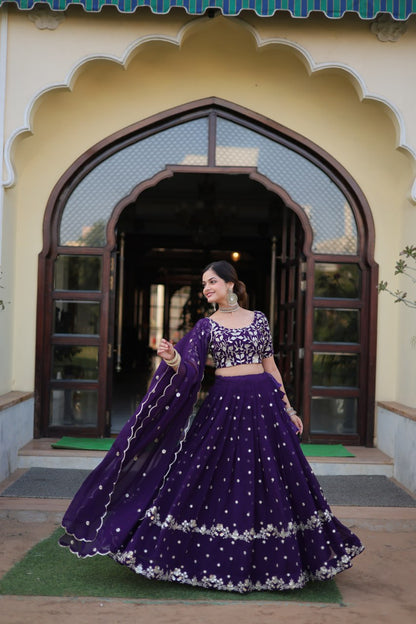 Purple Colour Designer Faux Blooming Lehenga Choli With Dupatta Set